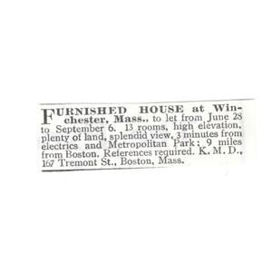 Furnished Elevated 13 Room House To Let KMD Boston MA 1903 Magazine Ad SAG6-S26